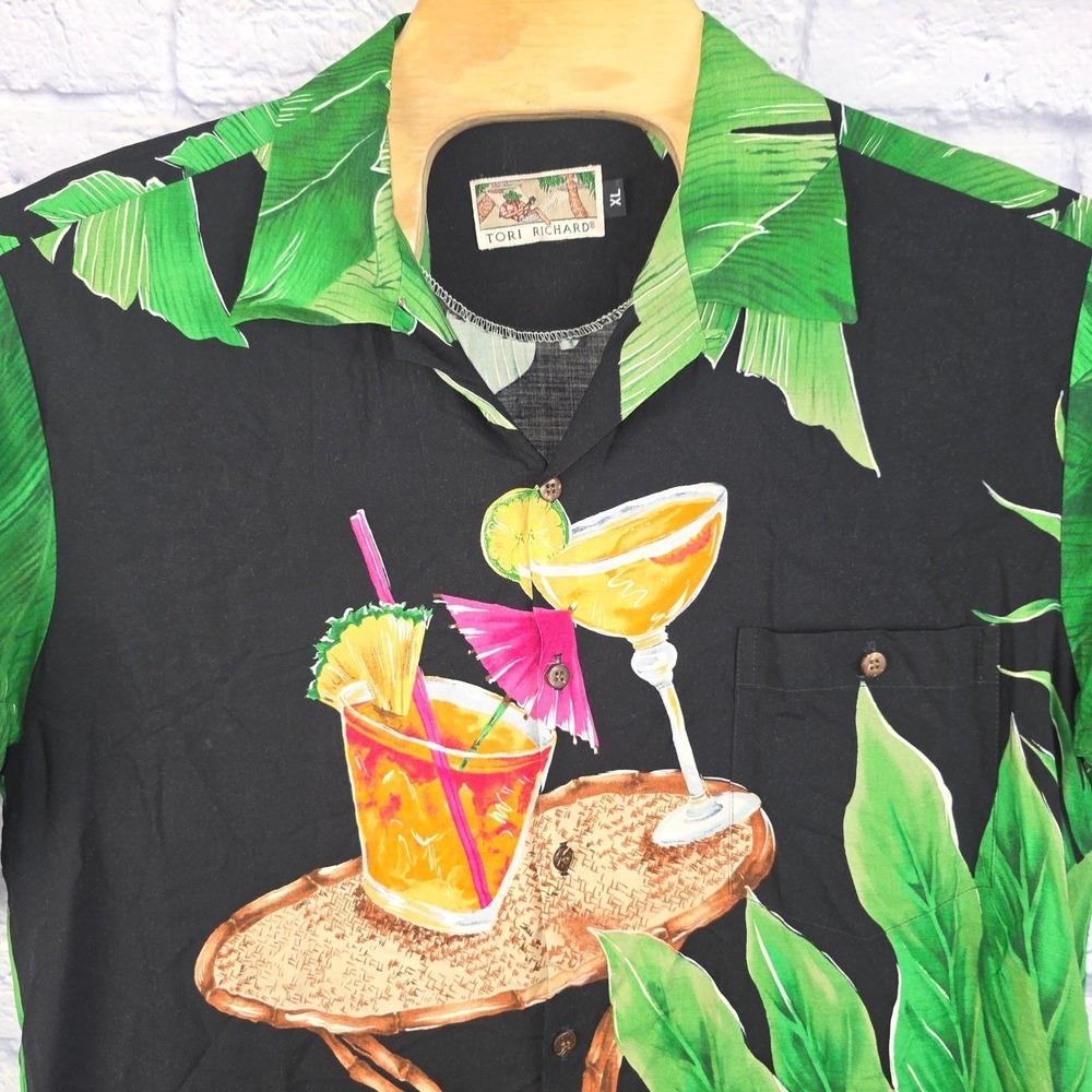 Tori Richard Mens Aloha‎ Shirt Black Tropical Cocktail Palm Leaf Rayon Size XL